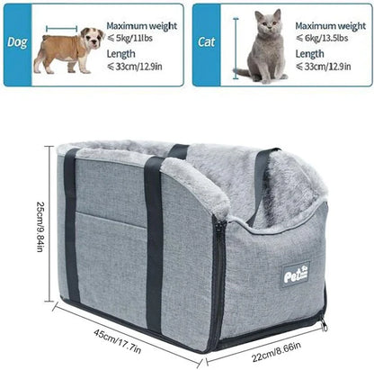 Size and weight limit infographic for a grey fabric dog and cat travel booster seat.
