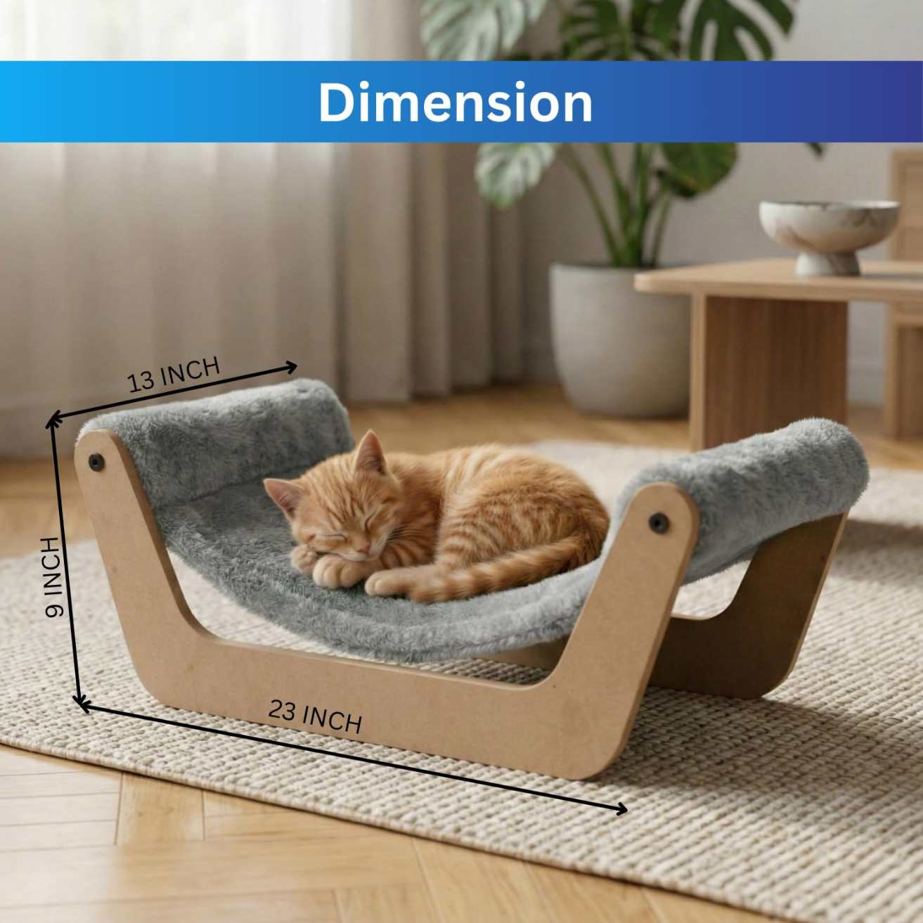 Cat Hammock Bed with Wooden Frame, Plush Grey Cushion, Premium Comfort