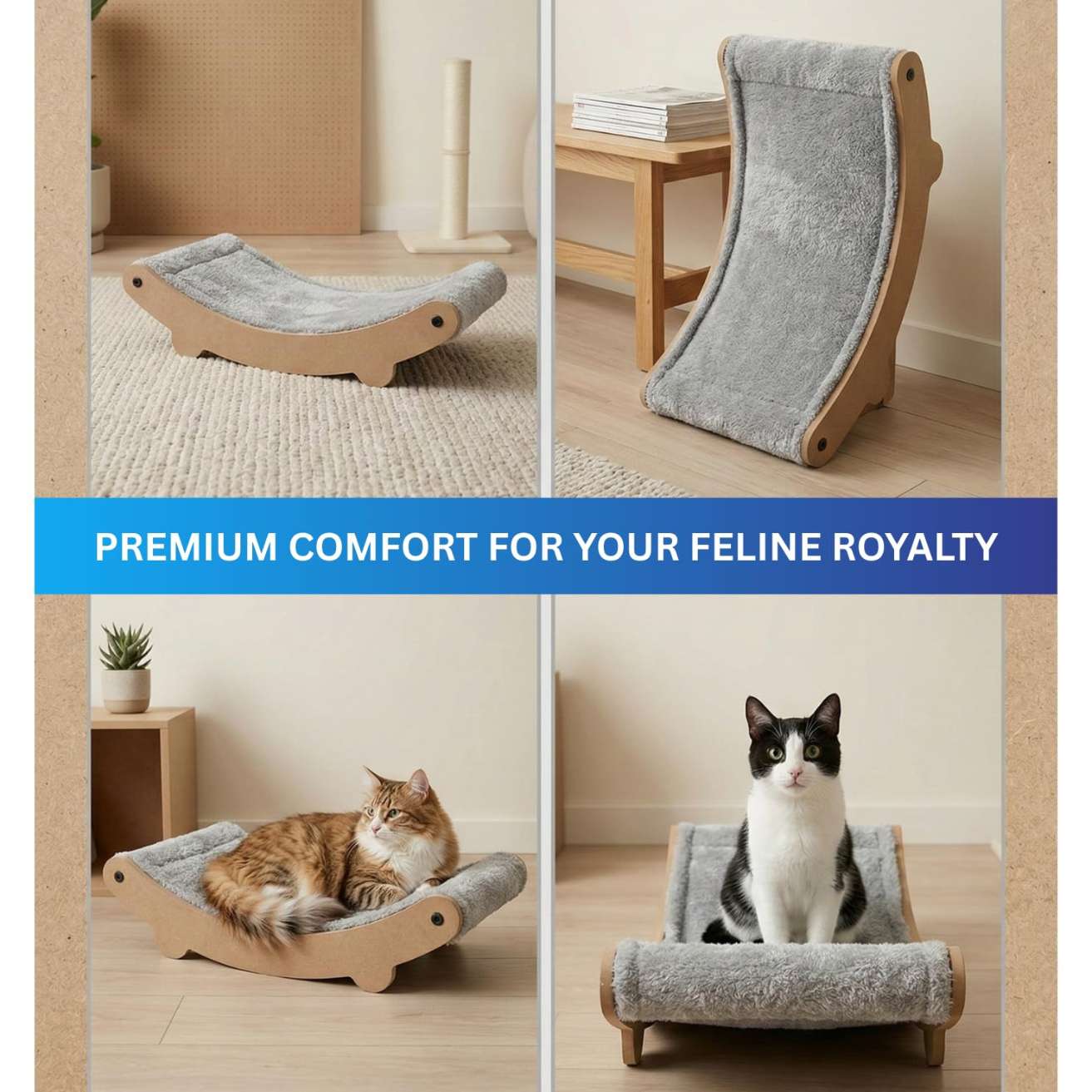 Cat Hammock Bed with Plush Cushion, Wooden Curved Rocker Design, Premium Comfort Lounger for Cats