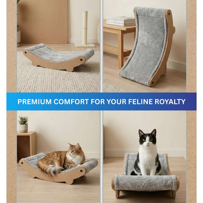 Cat Hammock Bed with Plush Cushion, Wooden Curved Rocker Design, Premium Comfort Lounger for Cats