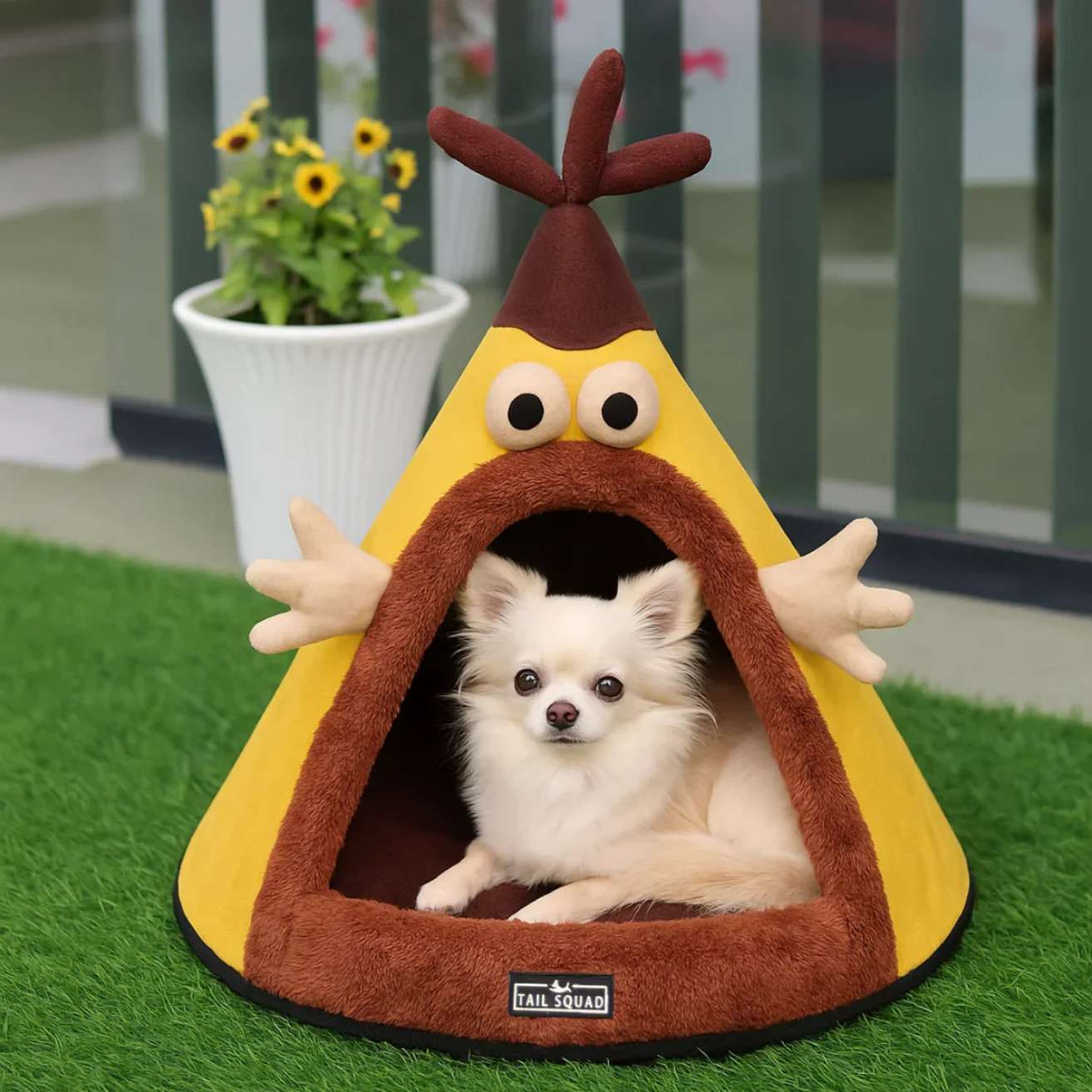 Washable Cozy Dog and Cat Cave Bed (Cartoon - Yellow)