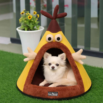 Washable Cozy Dog and Cat Cave Bed (Cartoon - Yellow)
