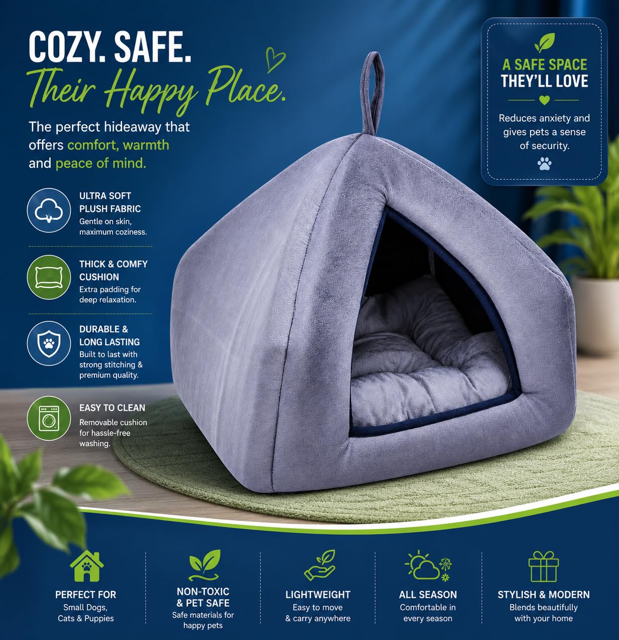 Soft Plush Pet Tent Bed | Cozy Cat & Dog Cave House with Cushion