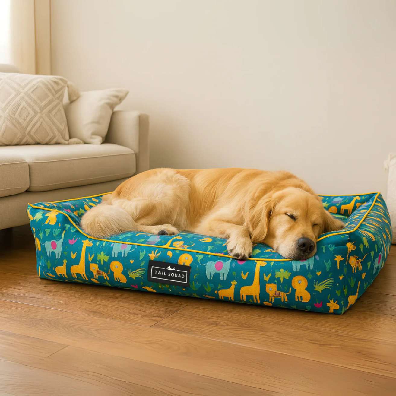 Washable Printed Lounger Bed for Dogs & Cats (Forest Kin)