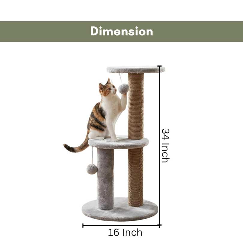Cat Tree Tower with Scratching Posts, Grey, 3-Tier Multi-Level, Plush Platforms, Natural Rope Posts, Hanging Toys