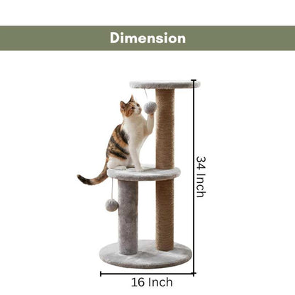 Cat Tree Tower with Scratching Posts, Grey, 3-Tier Multi-Level, Plush Platforms, Natural Rope Posts, Hanging Toys