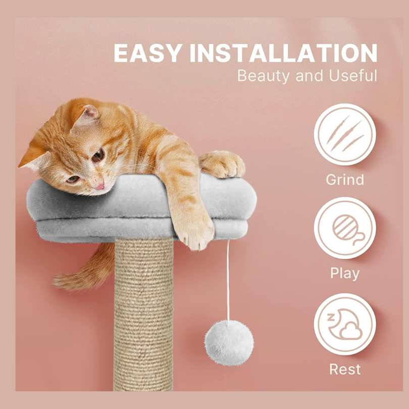 Scratching Post Cat Kitten Tree | Fleece Fabric | Hanging Toy | Hammock | Jute Rope (16 x 16 x 35 inch)