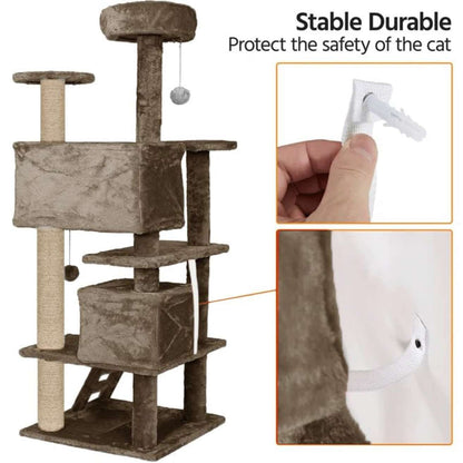 Multiple Condos Kitten Cat Tree - Plush Fur Fabric | Ladder | Top Perches | Playing Balls | Jute Rope Scratching Posts (Height 62 Inch) (Brown)