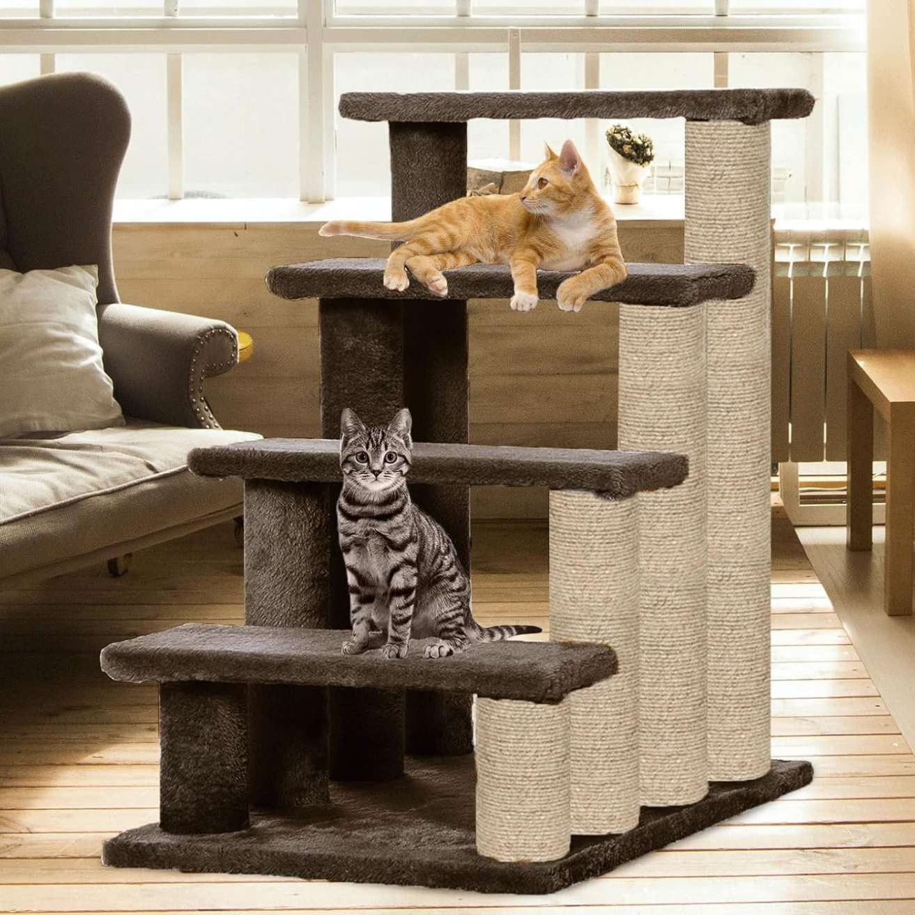 Cat Stairs Ladder - 4 Tier Climbing Steps - Plush Pet Sofa Steps - Jute