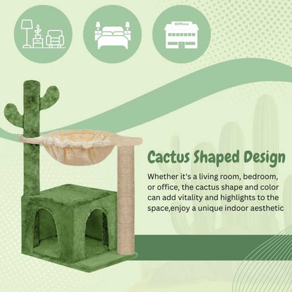 Soft Fur Condo Activity Cat Tree - Jute Rope Scratching Post, Hanging Ball, Hammock, Suitable for Small Cats (Condo 16 x 16 Inch) (Height 38 Inch) (Large) (Cactus)