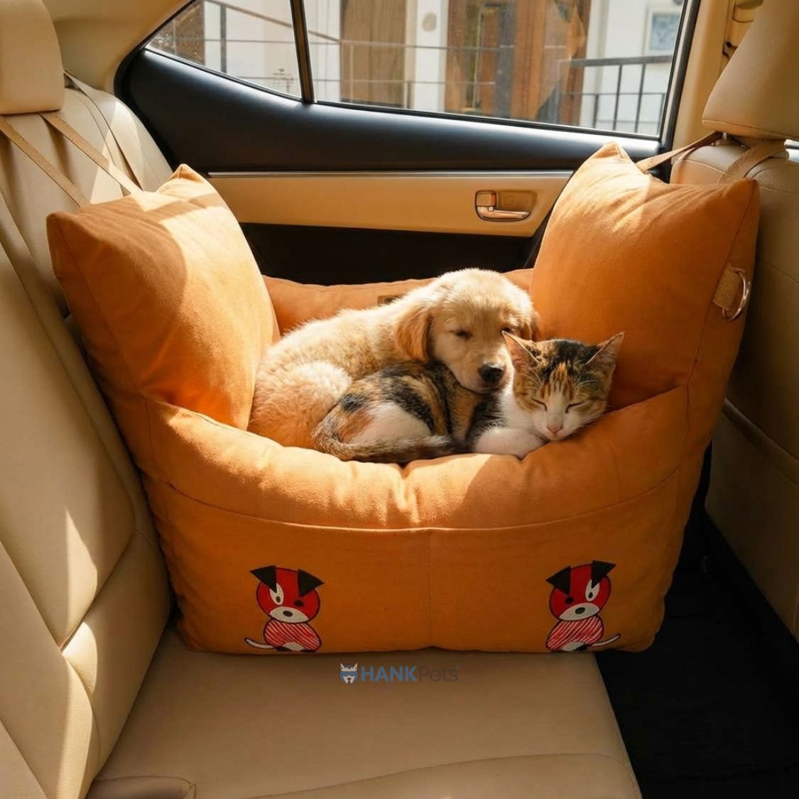 Pet Car Travel Bed with Safety Leash | Pet Seat Bed for Dogs & Cats | Earthy Brown