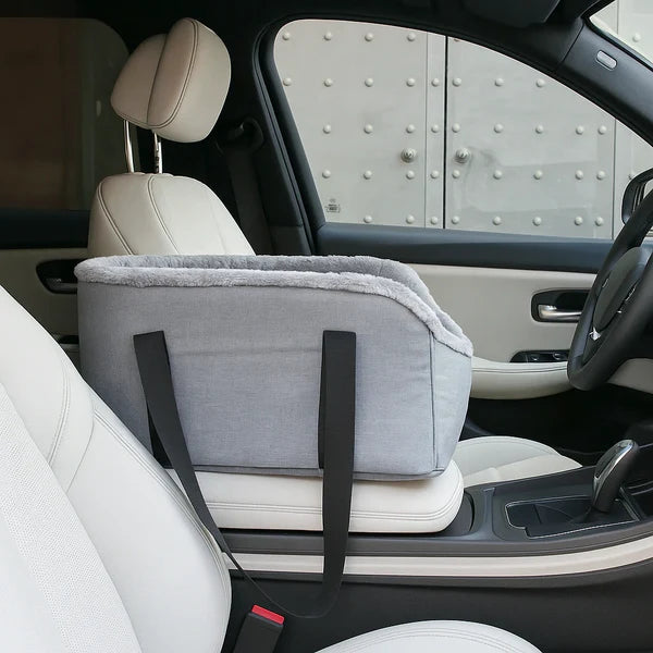 Luxury plush pet travel bed placed on a car seat for dogs and cats