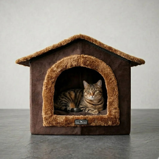 Brown tabby cat sitting inside an enclosed brown plush Tail Squad pet house bed.