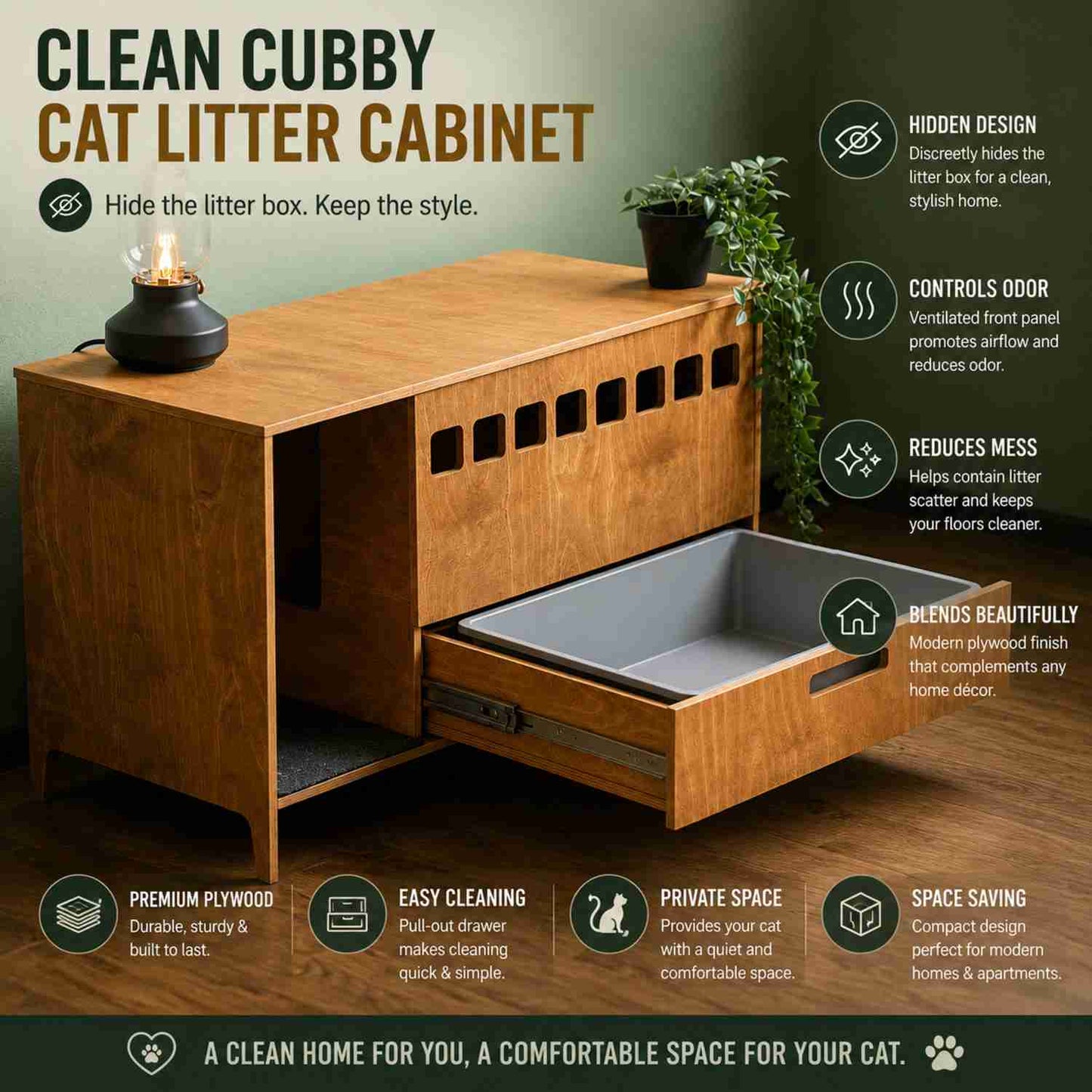 Cat Litter Box Cabinet | Modern Hidden Litter Box Furniture for Cats