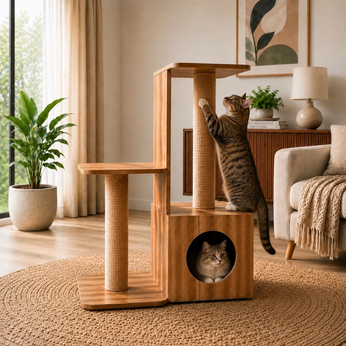 Modern Wooden Cat Tower with Scratcher & Condo