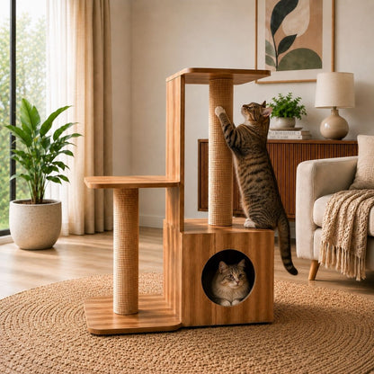 Modern Wooden Cat Tower with Scratcher & Condo
