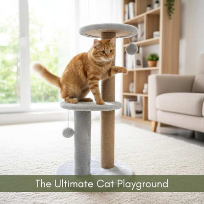 Cat Tree Tower with Scratching Posts, Grey, 3-Tier Multi-Level, Plush Platforms, Natural Rope Posts, Hanging Toys