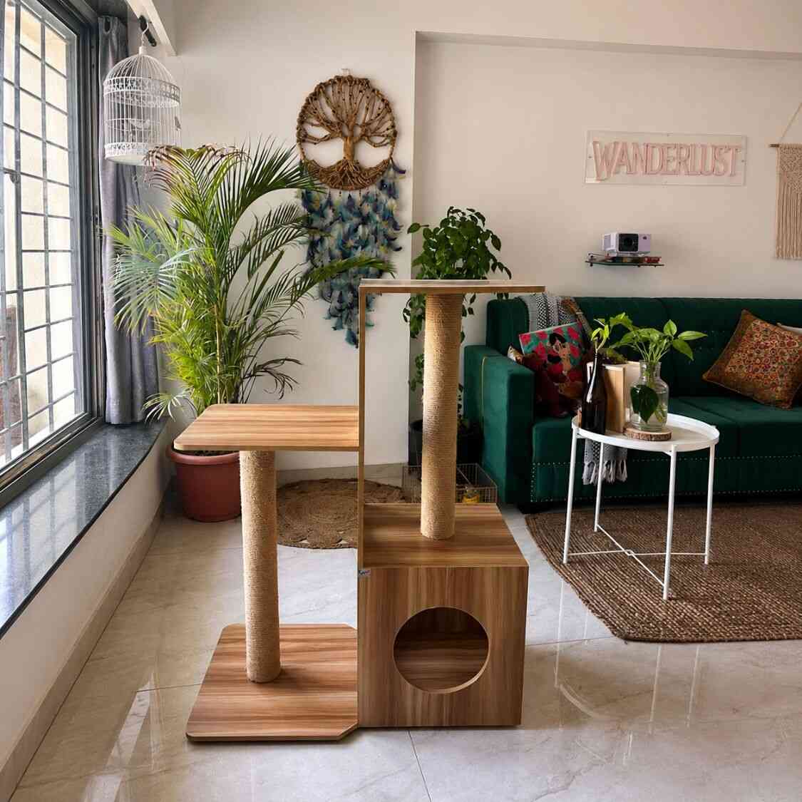 Modern Wooden Cat Tower with Scratcher & Condo