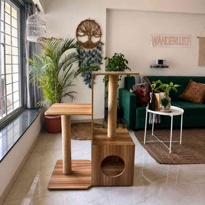 Modern Wooden Cat Tower with Scratcher & Condo