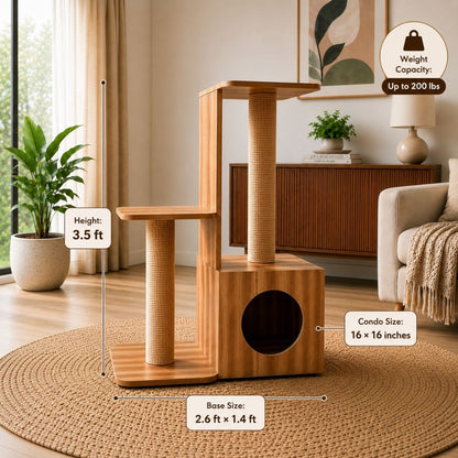 Modern Wooden Cat Tower with Scratcher & Condo