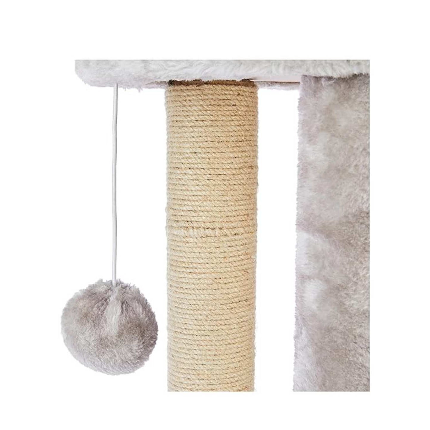 Beige Natural Jute Fiber Round Cat Tower with Rope Scratching Posts & Hanging Balls