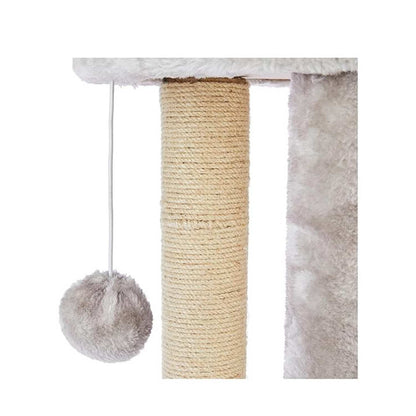 Beige Natural Jute Fiber Round Cat Tower with Rope Scratching Posts & Hanging Balls
