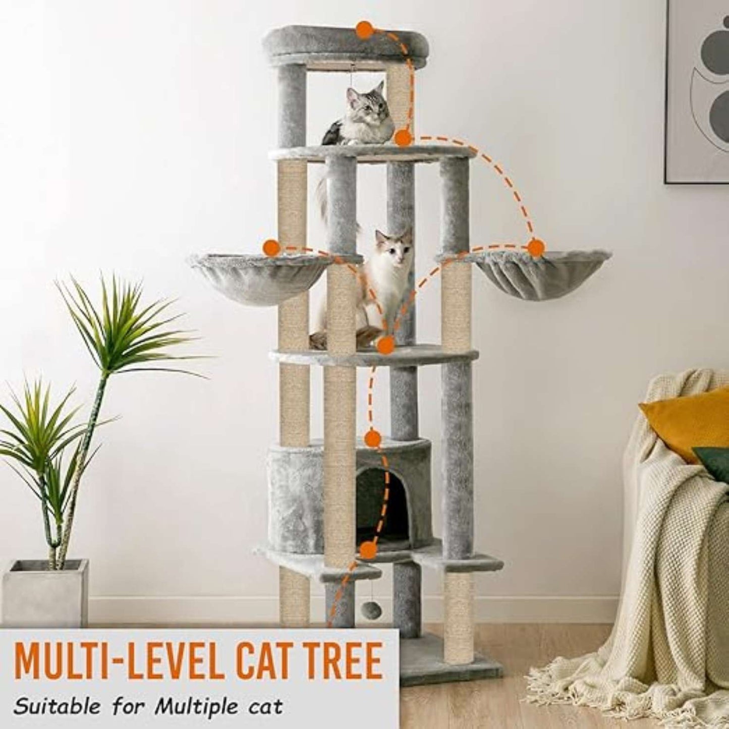 Multi-Level Cat Condo & Climbing Tower – 64-Inch Plush Cat Furniture with Scratching Posts