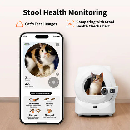 Infographic showing stool health monitoring via a cat litter box app.