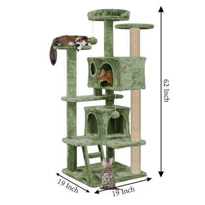 Multiple Condos Kitten Cat Tree - Plush Fur Fabric | Ladder | Top Perches | Playing Balls | Jute Rope Scratching Posts (Height 62 Inch) (Green)