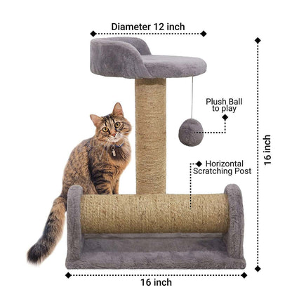 Soft Fur Fabric Activity Dual Jute Rope Scratching Post Cat Tree for Kittens & Cats (Height 16 Inch) (Grey)