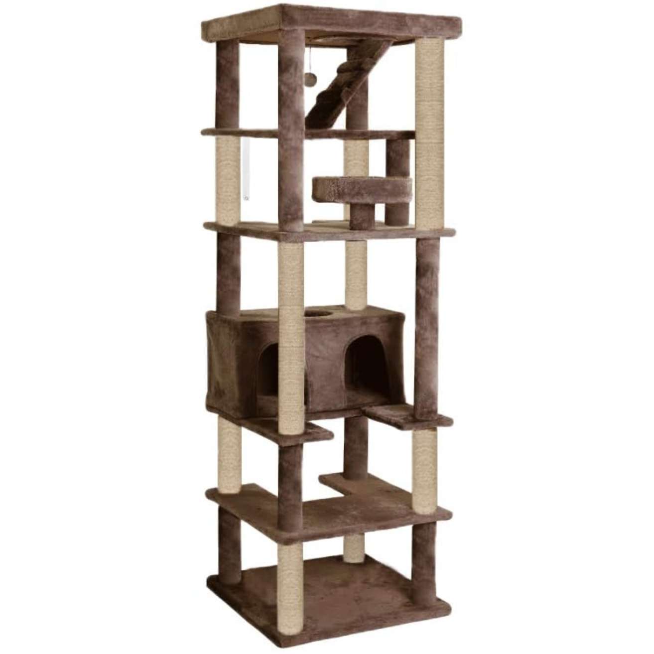 Multilevel Fur Fabric Cat Tree - Ladder | Hanging Ball | Large Condo | Jute Rope Scratching Posts | for Adult Cats & Kittens (Height 75 Inch)
