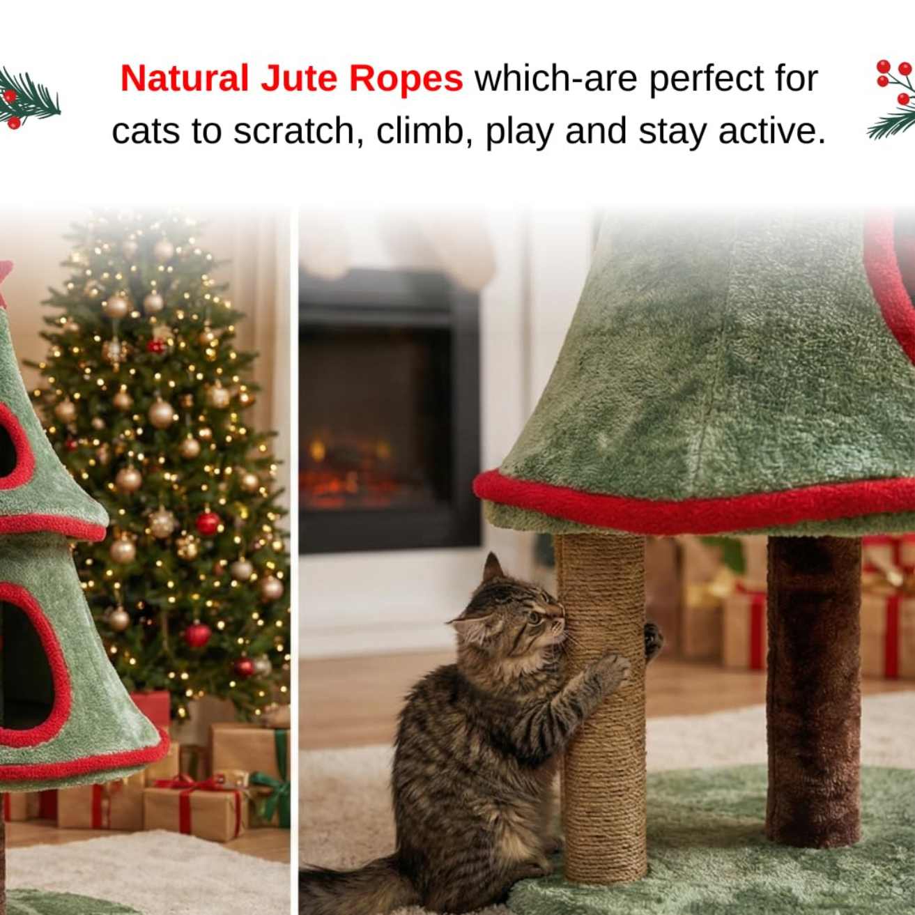 Christmas Tree Cat Tower, Green and Red, Fur Fabric, Multi-Level with Scratching Posts, Holiday Theme, Hideaway and Napping Spaces