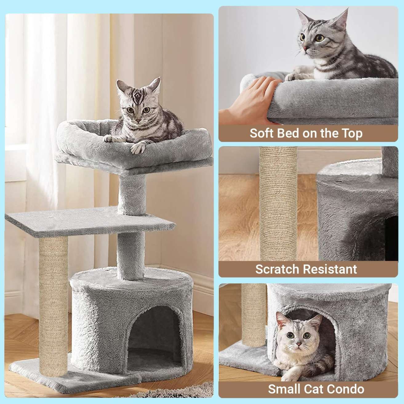 Cat Kitten Scratching Post Activity Tree - Condo, Fur Fabric, Detachable Bed, Jute Rope