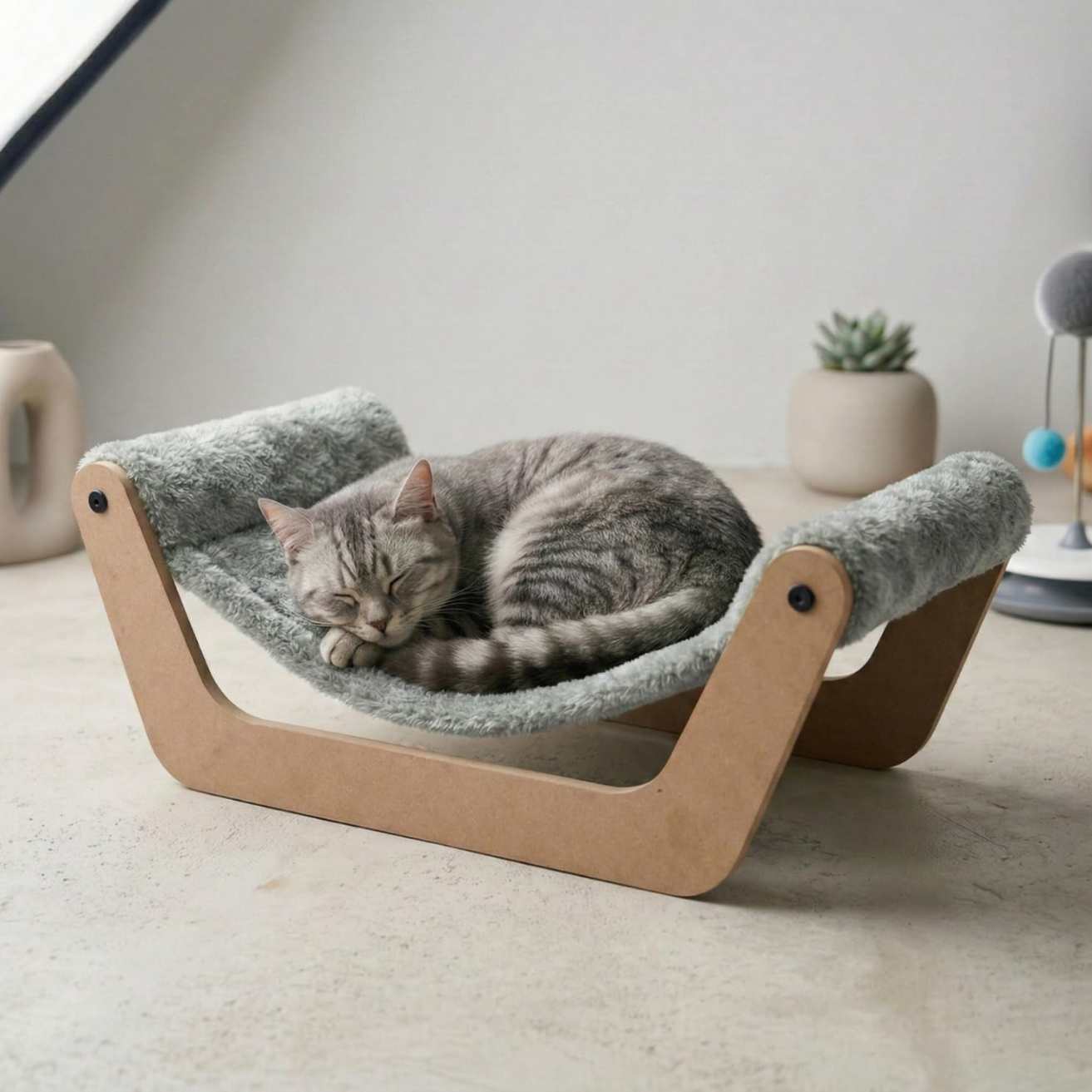 Cat Hammock Bed with Wooden Frame, Plush Grey Cushion, Premium Comfort