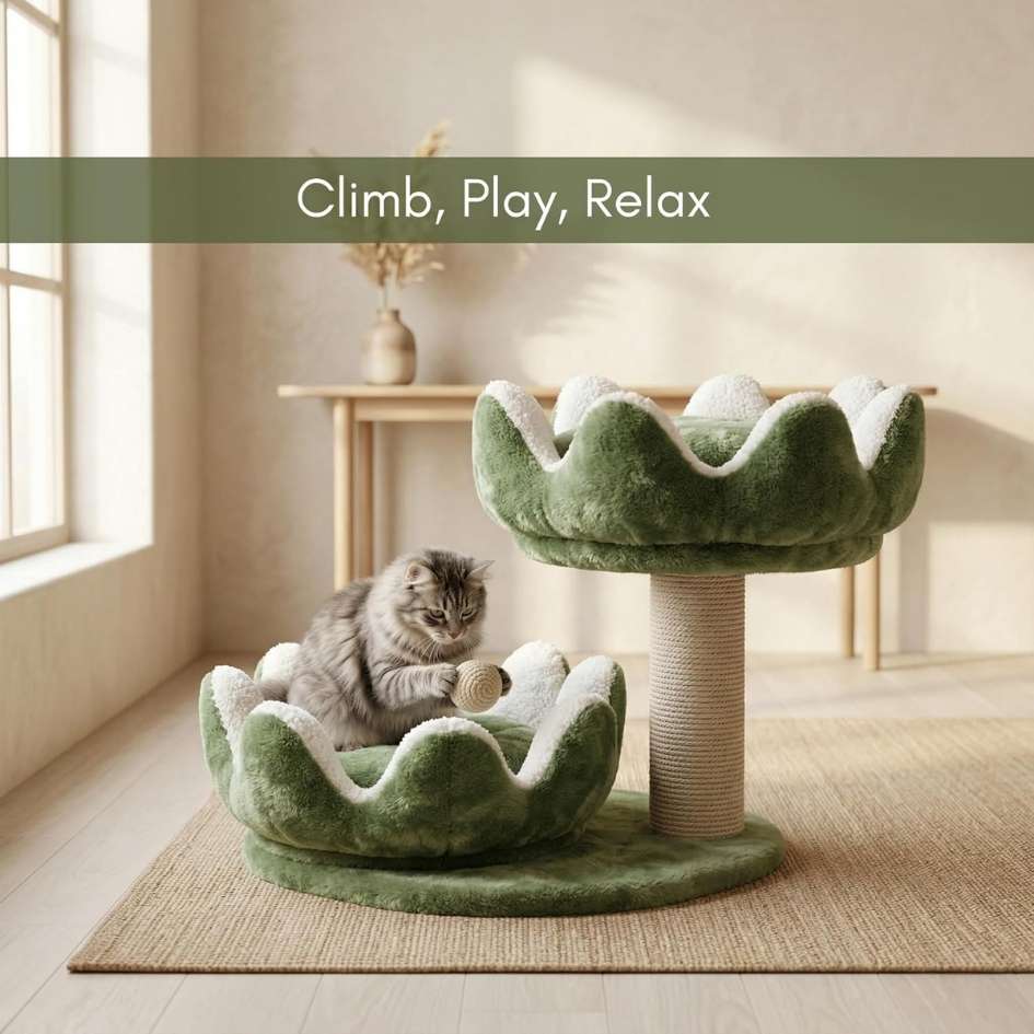 Cat Tree Tower with Scratching Post, Plush Flower Design, 2-Tier with Hanging Ball Toy