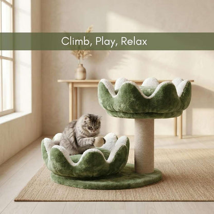 Cat Tree Tower with Scratching Post, Plush Flower Design, 2-Tier with Hanging Ball Toy