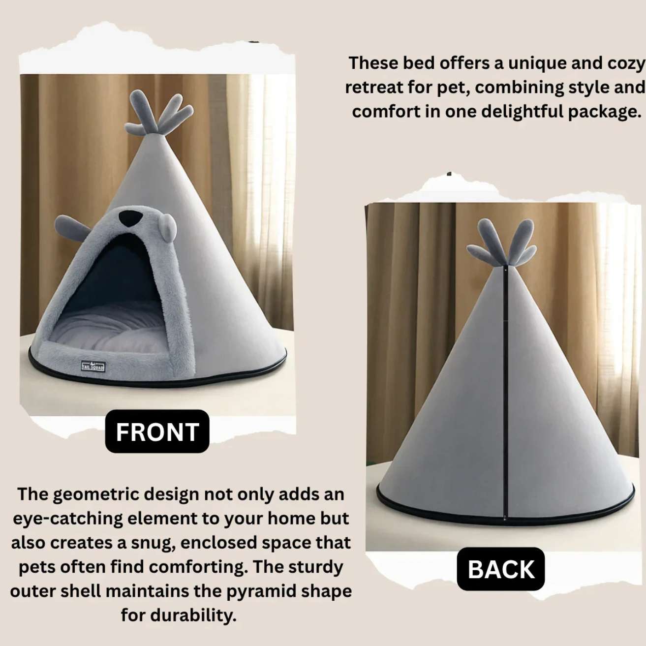 Washable Cozy Dog and Cat Cave Bed (Bear Hugs - Grey)