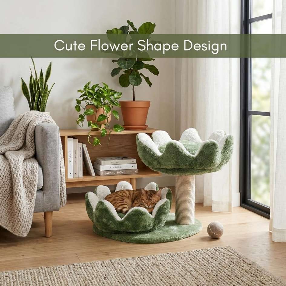 Cat Tree Tower with Scratching Post, Plush Flower Design, 2-Tier with Hanging Ball Toy