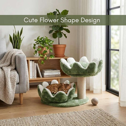Cat Tree Tower with Scratching Post, Plush Flower Design, 2-Tier with Hanging Ball Toy