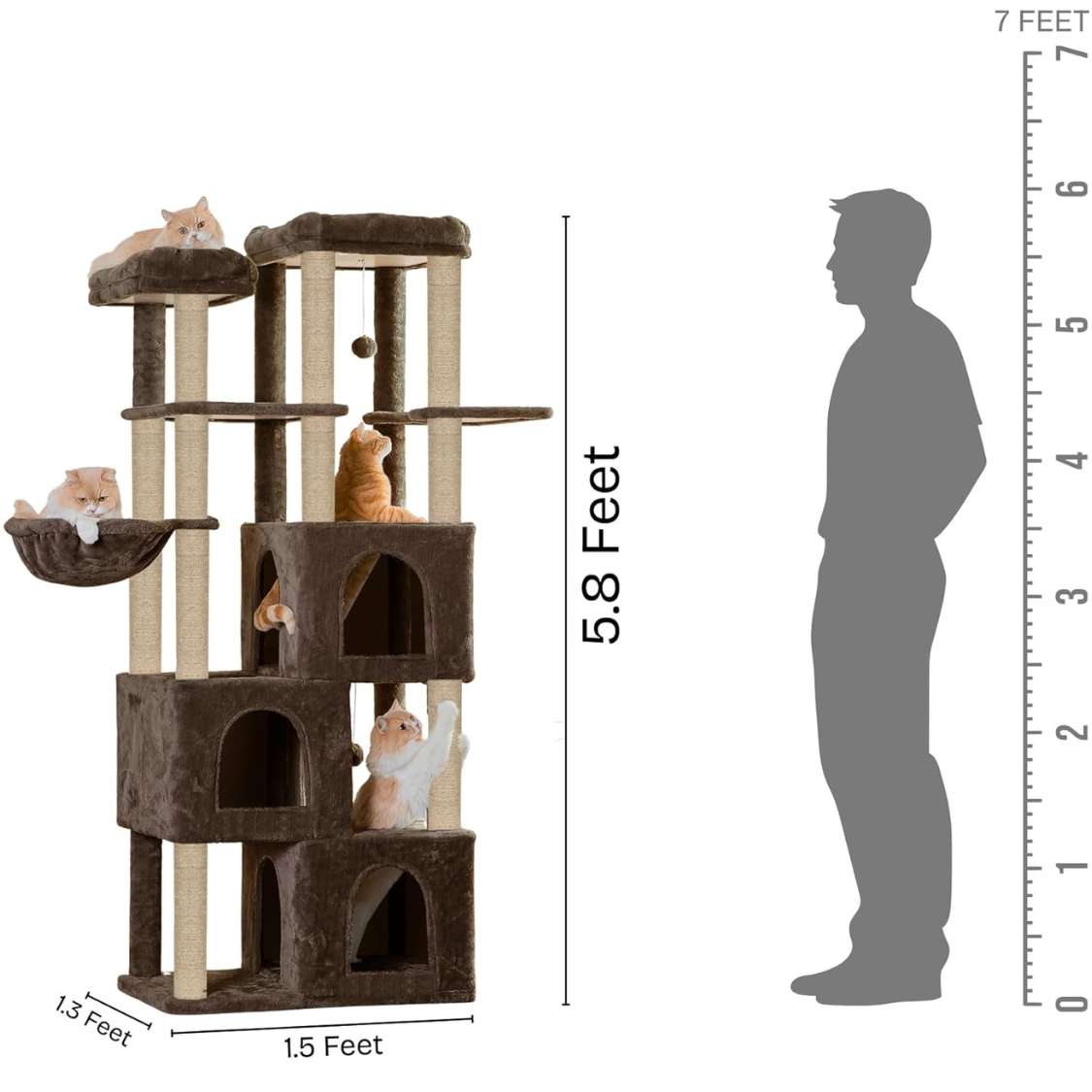 Multilevel Fur Fabric Cat Tree - Multiple Condos | Hanging Ball | Cat House | Jute Rope Scratching Posts | for Adult Cats & Kittens
