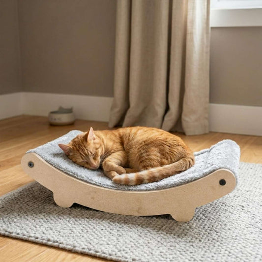 Cat Hammock Bed with Plush Cushion, Wooden Curved Rocker Design, Premium Comfort Lounger for Cats