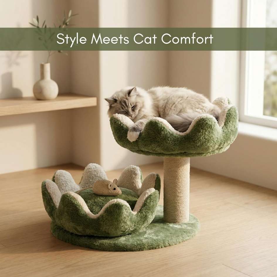 Cat Tree Tower with Scratching Post, Plush Flower Design, 2-Tier with Hanging Ball Toy