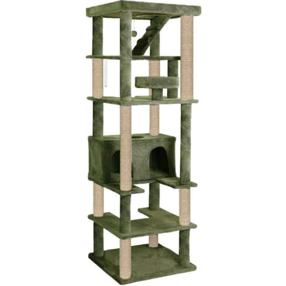 Multilevel Fur Fabric Cat Tree - Ladder | Hanging Ball | Large Condo | Jute Rope Scratching Posts | for Adult Cats & Kittens (Height 75 Inch)