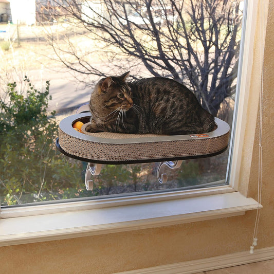 K&HCat Window Hammock Bed | Scratcher Pad & Ball Track Toy for Indoor Cats (14" x 24")