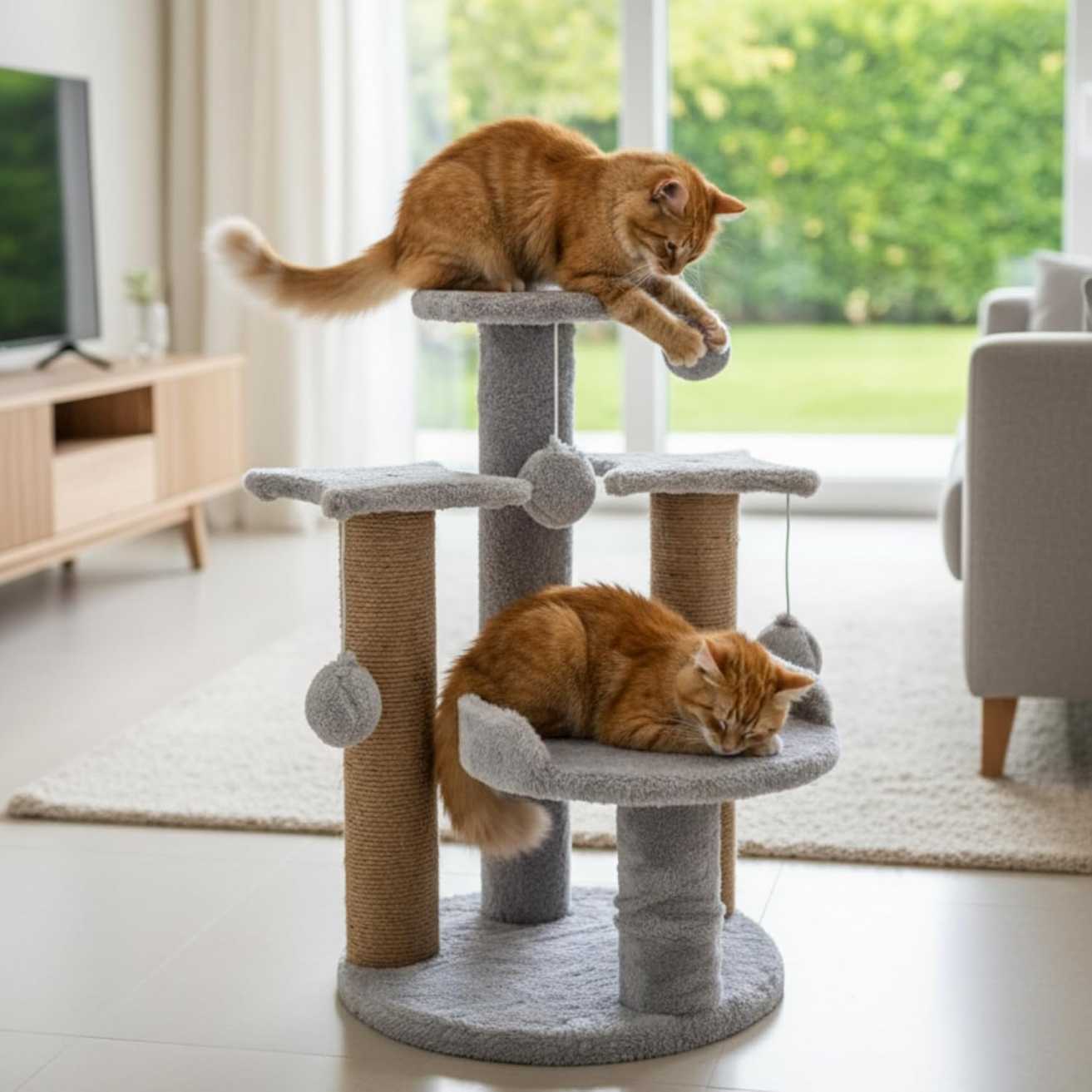 Multi-Level Play Cat Tree, Grey and Natural Sisal, 17 Inch Height with Plush Platforms, Scratching Posts, Hanging Balls, Indoor Activity Tower