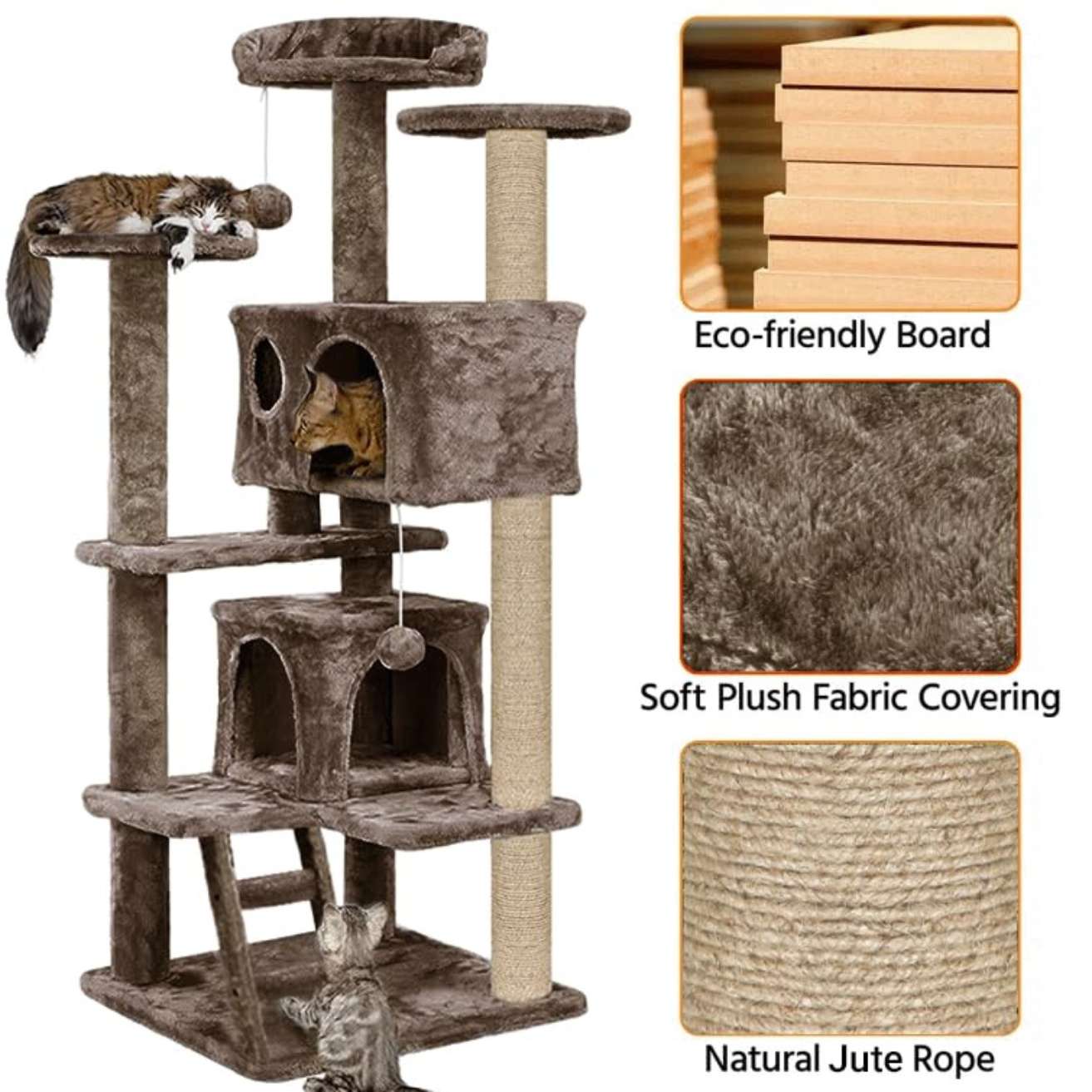 Multiple Condos Kitten Cat Tree - Plush Fur Fabric | Ladder | Top Perches | Playing Balls | Jute Rope Scratching Posts (Height 62 Inch) (Brown)