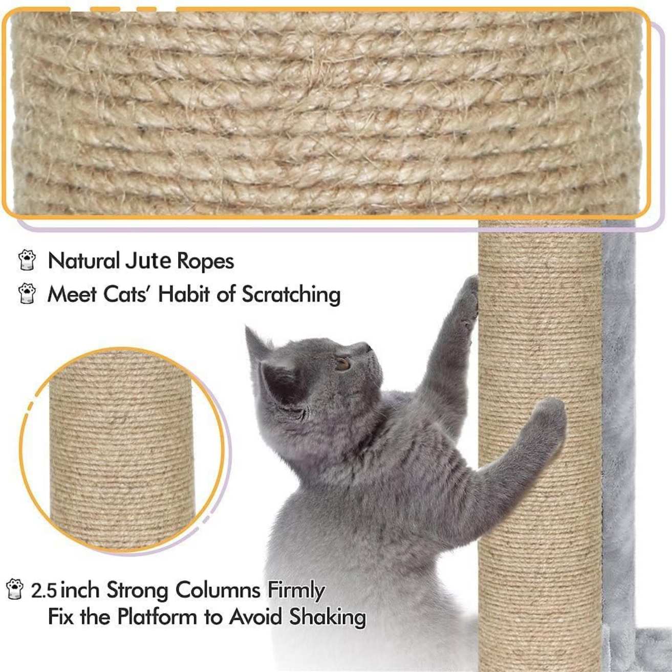 Multiple Condos Kitten Cat Tree - Plush Fur Fabric | Ladder | Top Perches | Playing Balls | Jute Rope Scratching Posts (Height 62 Inch) (Grey)