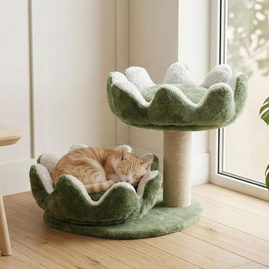 Cat Tree Tower with Scratching Post, Plush Flower Design, 2-Tier with Hanging Ball Toy
