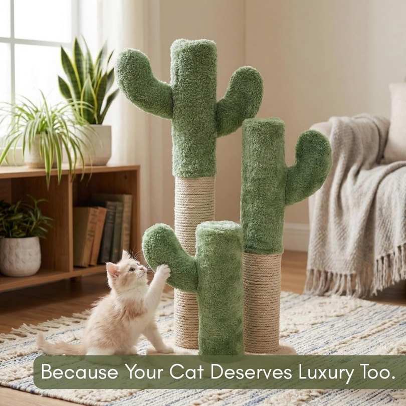 Cactus Cat Scratching Post, Green Plush, Cotton Rope,Interactive Climbing Tower