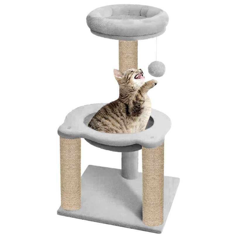 Scratching Post Cat Kitten Tree | Fleece Fabric | Hanging Toy | Hammock | Jute Rope (16 x 16 x 35 inch)